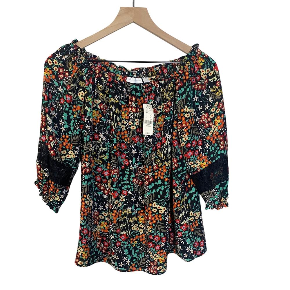 New York & Company NWT Floral Colorful Off the Shoulder Blouse Lace Accent Sz M